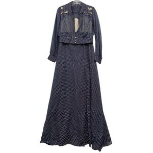 Vintage 70s Women's Navy Polka Dot Maxi Dress and Bolero Set Floral Embroidery M